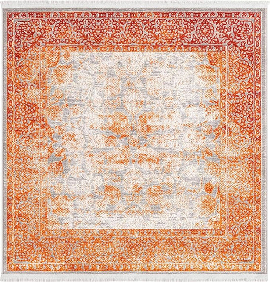 Unique Loom Traditional Classic Intricate Design Distressed Vintage Detail, Area Rug, 4' 0" x 4' 0", Terracotta/Gray