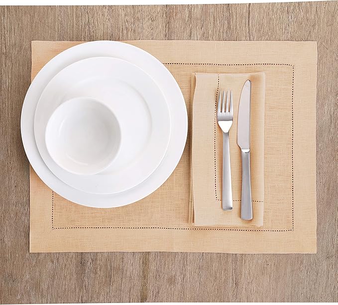 Solino Home Linen Placemats Set of 4 - Classic Hemstitch Beige Placemats 14 x 19 Inch - 100% Pure Linen Table Mats for New Year