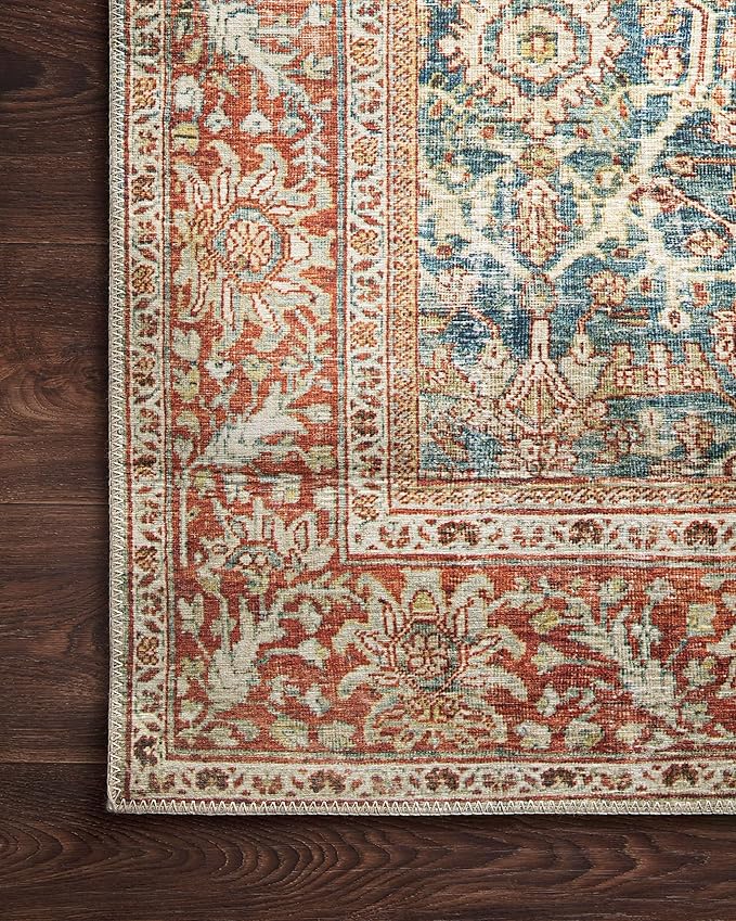 Loloi Layla Collection LAY-04 Ocean/Rust 2'-3" x 3'-9" .13" Thick Accent Rug, Soft, Durable, Vintage Inspired, Distressed, Low Pile, Non-Shedding, Easy Clean, Printed, Living Room Rug