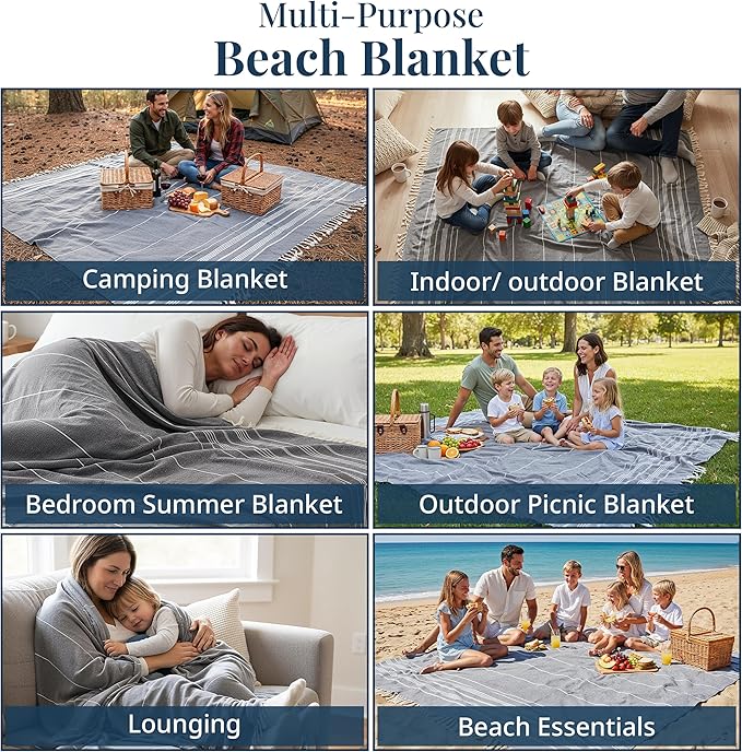 LANE LINEN Beach Blanket – Sand-Free, Extra-Large Picnic Mat, Quick-Dry, Pre-Washed Design (82"x82"), Beach Essentials for Family Picnics and Poolside Relaxation, Machine Washable – Smoky Black