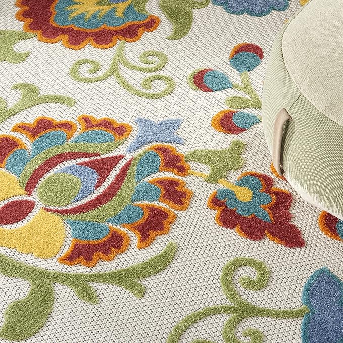 Nourison Aloha Indoor/Outdoor Ivory/Multi 7’10” x Round Area Rug, Easy Cleaning, Non Shedding, Bed Room, Living Room, Dining Room, Backyard, Deck, Patio (8 Round)