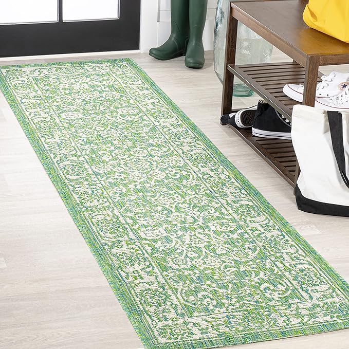 JONATHAN Y Weave Floral Indoor Outdoor Runner Rug 2X10 Cream/Green, Tela Bohemian Textured for Backyard, Patio, Porch, Easy-Cleaning, High Traffic, Pet-Friendly, Non-Shedding (SMB100F-210)
