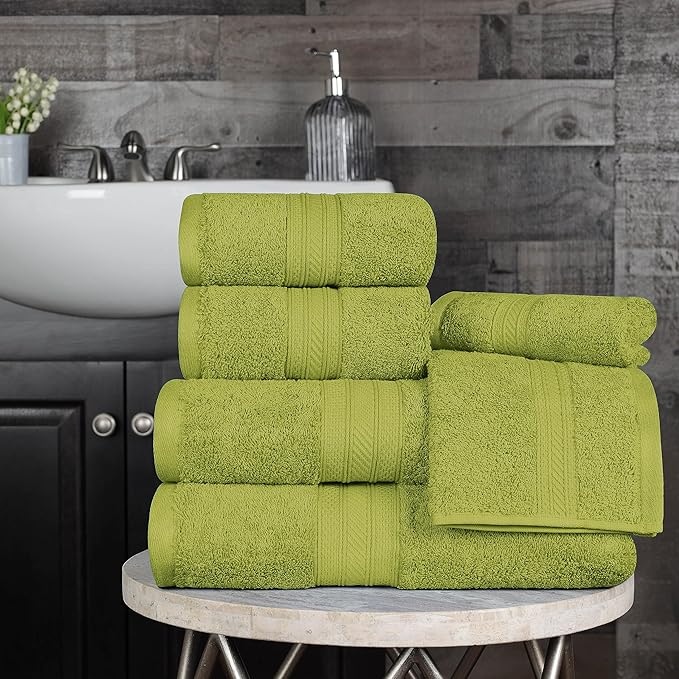 Superior 700 GSM Long Staple 100% Combed Cotton, Durable, Plush and Absorbent 6-Piece Single Ply Towel Set - Green Essence