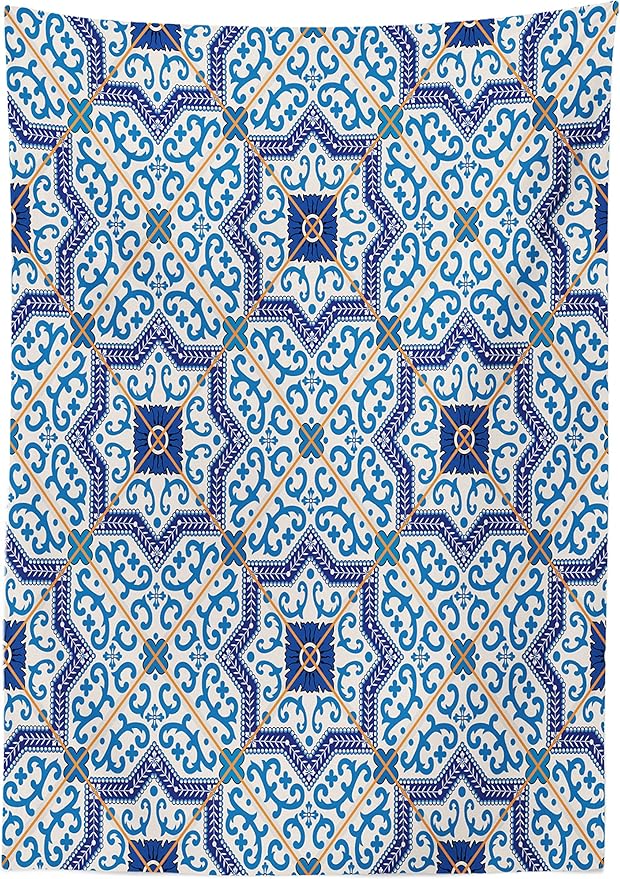 Ambesonne Moroccan Tablecloth, Moroccan Portuguese Style Classic Tiles Ornaments Historical Buildings Art, Dining Room Kitchen Rectangular Table Cover, 60" X 84", Blue White