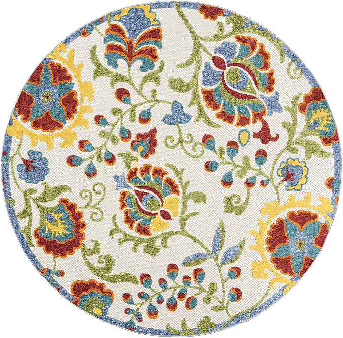 Nourison Aloha Indoor/Outdoor Ivory/Multi 7’10” x Round Area Rug, Easy Cleaning, Non Shedding, Bed Room, Living Room, Dining Room, Backyard, Deck, Patio (8 Round)