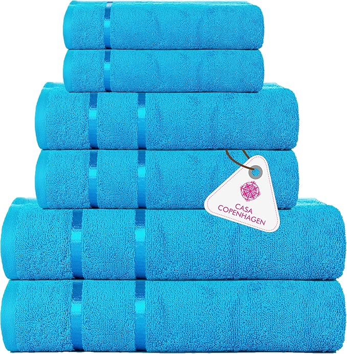 CASA COPENHAGEN Eternal 6 Pieces Towel Set-Teal Blue, 500 GSM 2 Bath Towel 2 Hand Towel 2 Washcloth, Designed in Denmark Made of Soft Egyptian Cotton for Bathroom, Kitchen & Shower