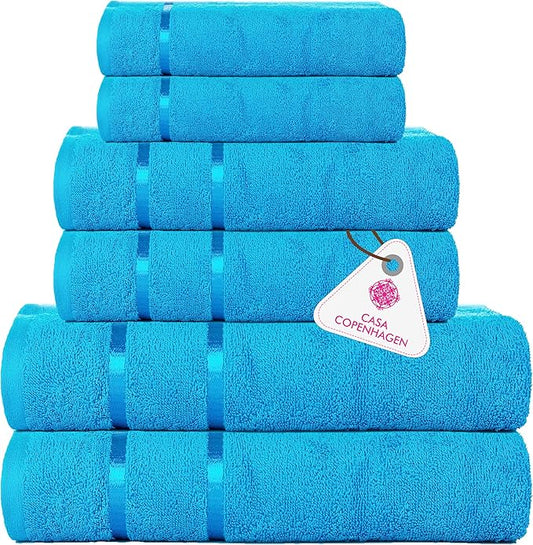 CASA COPENHAGEN Eternal 6 Pieces Towel Set-Teal Blue, 500 GSM 2 Bath Towel 2 Hand Towel 2 Washcloth, Designed in Denmark Made of Soft Egyptian Cotton for Bathroom, Kitchen & Shower