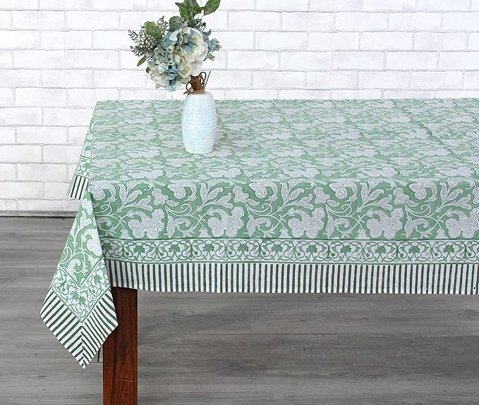 Ridhi Sage Green Hand Block Print Cotton Rectangle Tablecloth 140" x 72" inches Reusable Table Cover Decorative Everyday Use for Dining, Farmhouse, Home, Party, Festive, Wedding, Fall