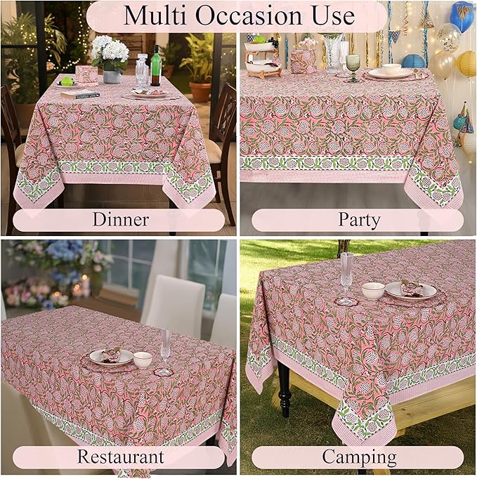 Ridhi Strawberry Pink Hand Block Print Cotton Rectangle Tablecloth 120" x 80" inches Reusable Table Cover Decorative Everyday Use for Dining, Farmhouse, Home, Party, Festive, Wedding, Fall