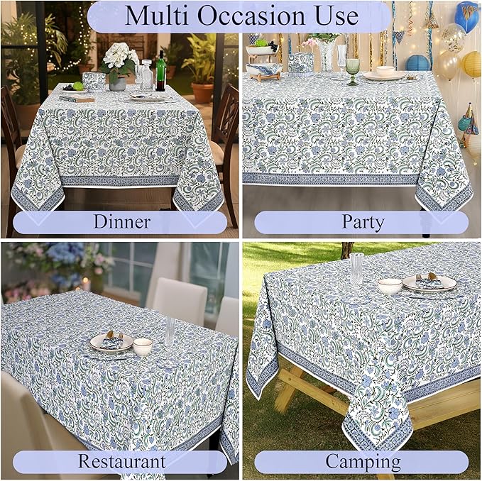 Ridhi Columbia Blue Hand Block Print Cotton Rectangle Tablecloth 160" x 72" inches Reusable Table Cover Decorative Everyday Use for Dining, Farmhouse, Home, Party, Festive, Wedding, Fall