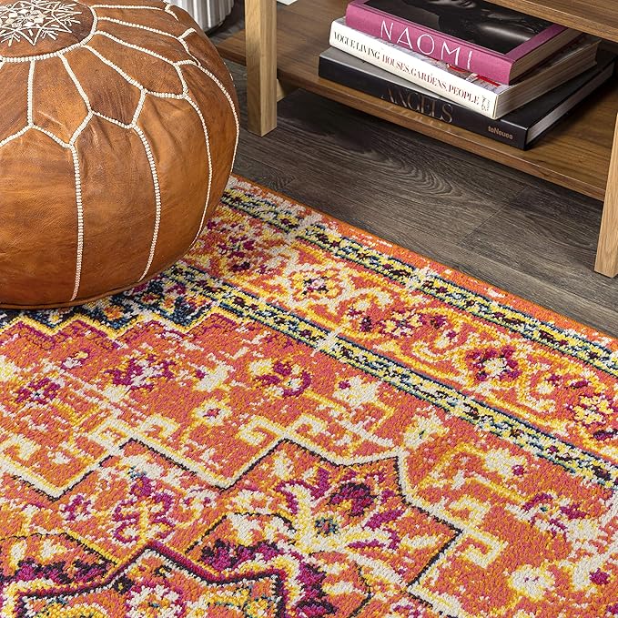 JONATHAN Y Brooklyn Geometric Medallion Orange/Blue Runner Rug, 2x8, Vintage, Bohemian, Easy-Cleaning for Living Room, Bedroom, Kitchen, Pet Friendly, Non-Shedding (MDP207D-28)