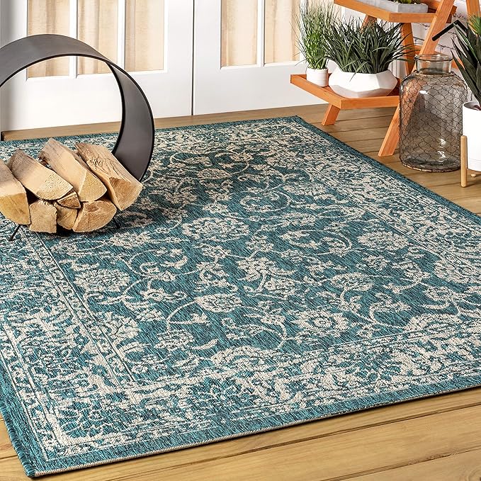 JONATHAN Y Weave Floral Indoor Outdoor Area Rug 8X10 Teal/Gray, Tela Bohemian Textured for Backyard, Patio, Porch, Easy-Cleaning, High Traffic, Pet-Friendly, Non-Shedding (SMB100C-8)