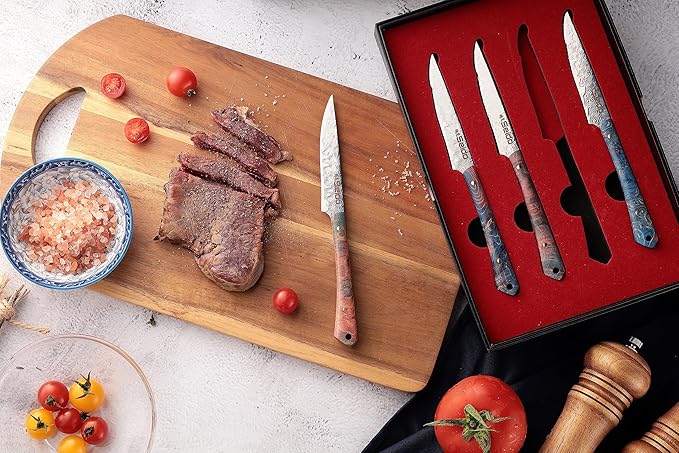 Seido Knives Kaze VG10 Damascus Steel Steak Knives - 4-Piece Straight-Edge with Solid Wood Handle