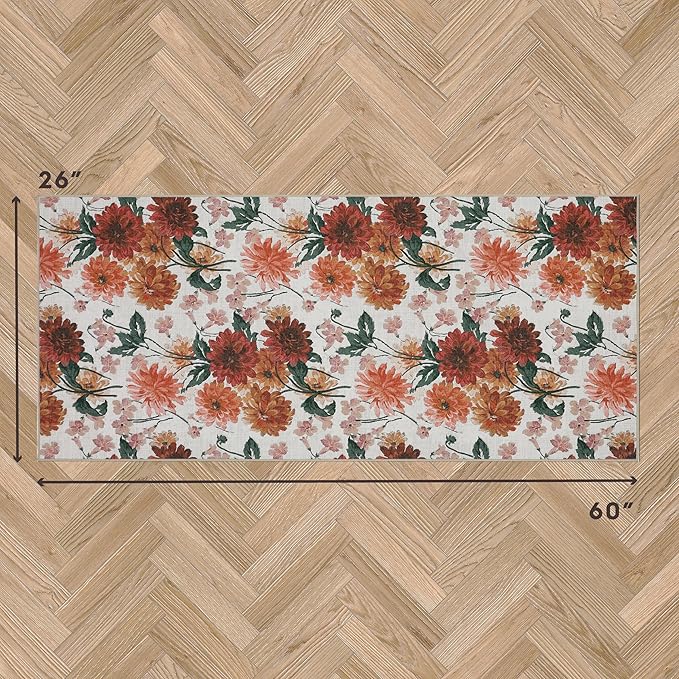 Laura Ashley Beige Dahlias Floral Machine Washable & Slip Resistant 26" x 60" Runner Rug