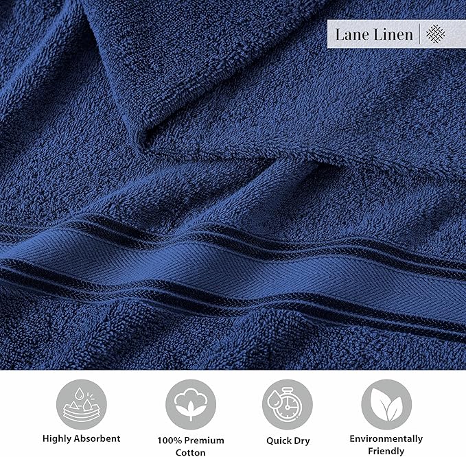 LANE LINEN Luxury Bath Towels Set - 6 Piece Set, 100% Cotton Bathroom Towel, Zero Twist, Quick Dry Shower Towels, Extra Soft Absorbent Towel, 2 Bath Towels, 2 Hand Towels, 2 Wash Cloths - Navy