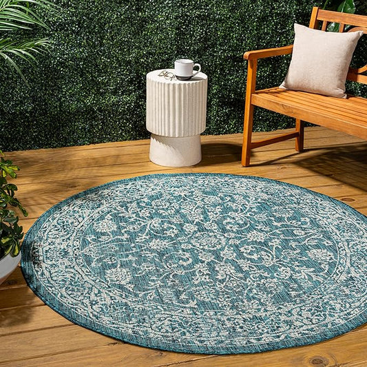 JONATHAN Y Weave Floral Indoor Outdoor Round Area Rug 9 Ft Teal/Gray, Tela Bohemian Textured for Backyard, Patio, Porch, Easy-Cleaning, High Traffic, Pet-Friendly, Non-Shedding (SMB100C-9R)