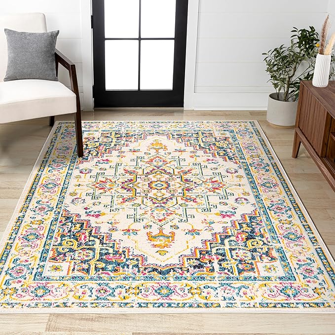 JONATHAN Y Brooklyn Geometric Medallion Beige/Ivory Indoor Area Rug, 4x6, Vintage, Bohemian, Easy-Cleaning for Living Room, Bedroom, Kitchen, Pet Friendly, Non-Shedding (MDP207B-4)