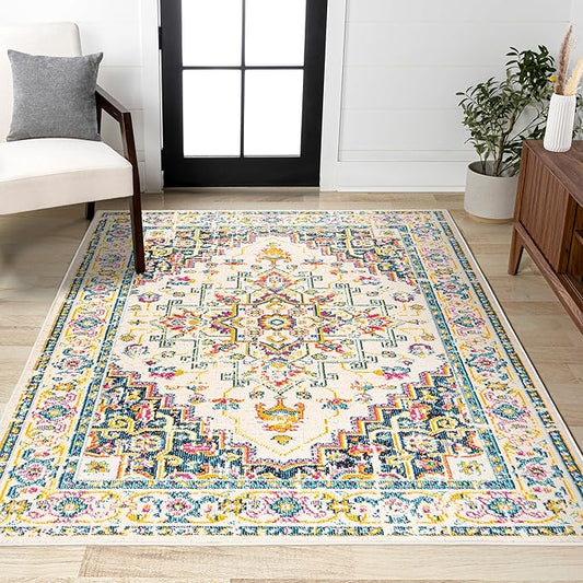 JONATHAN Y Brooklyn Geometric Medallion Beige/Ivory Indoor Area Rug, 3x5, Vintage, Bohemian, Easy-Cleaning for Living Room, Bedroom, Kitchen, Pet Friendly, Non-Shedding (MDP207B-3)