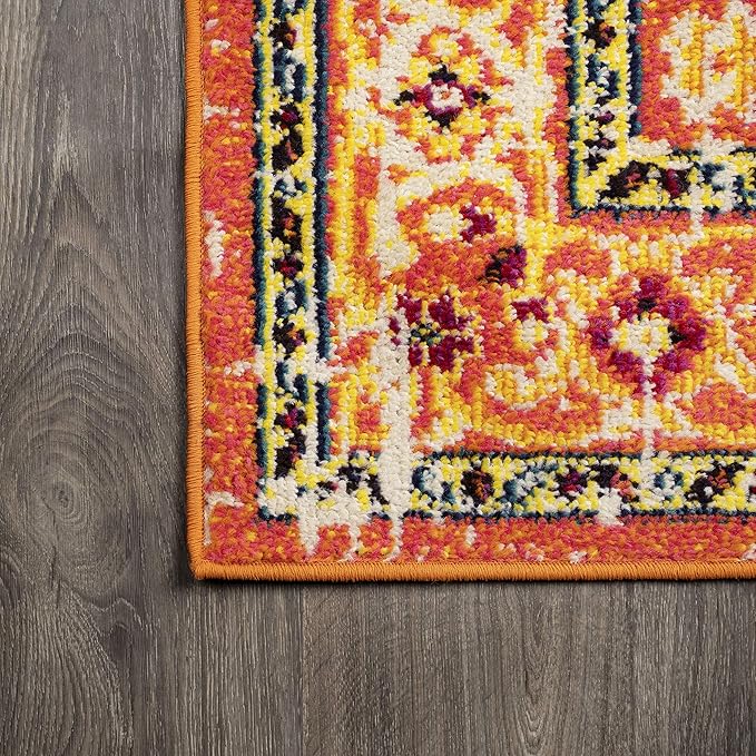 JONATHAN Y Brooklyn Geometric Medallion Orange/Blue Indoor Area Rug, 5x8, Vintage, Bohemian, Easy-Cleaning for Living Room, Bedroom, Kitchen, Pet Friendly, Non-Shedding (MDP207D-5)