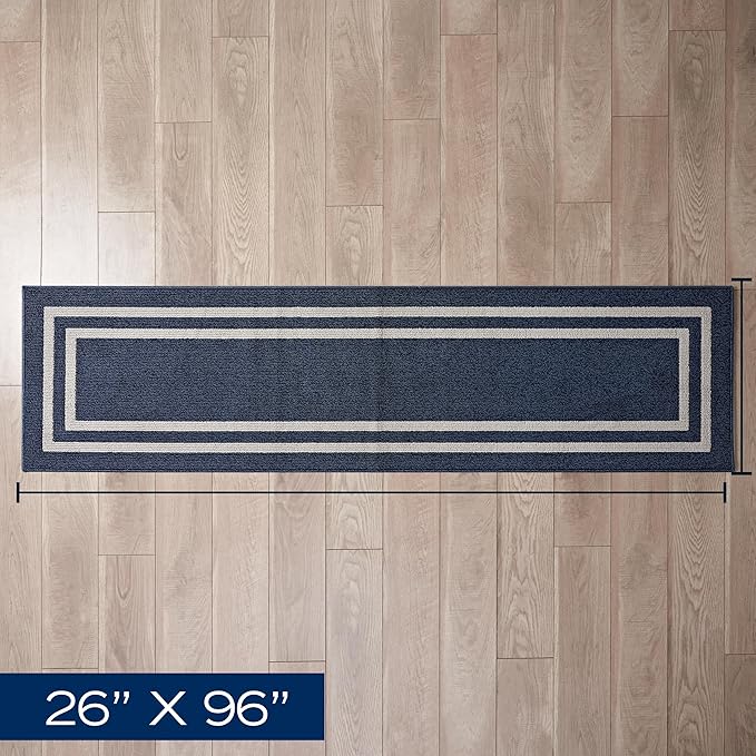 Nautica – Runner Rug | Indoor Runners for Hallways and Entry Rugs| Non-Slip and Non-Skid Entry and Kitchen Door Mat| Machine Washable Entryway Carpet Rugs | 2'2" x 8'| Double Border Denim