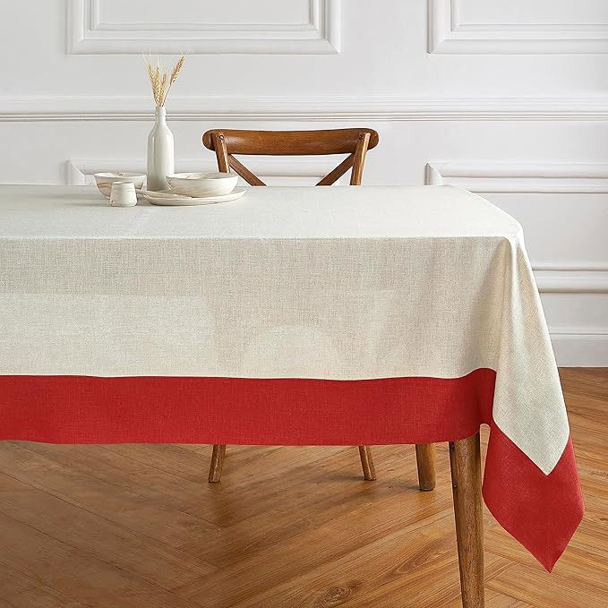 Solino Home Linen Tablecloth 60 x 120 Inch - 100% Pure Linen Red and Natural Rectangular Tablecloth - Machine Washable Table Cloth for Valentines, New Year - Contempo
