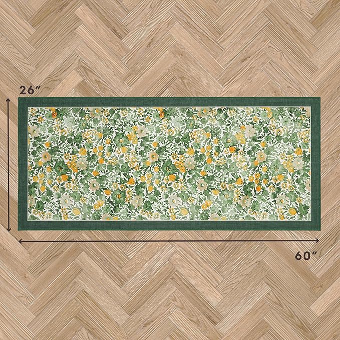 Laura Ashley Green Lovestone Floral Machine Washable & Slip Resistant 26" x 60" Runner Rug