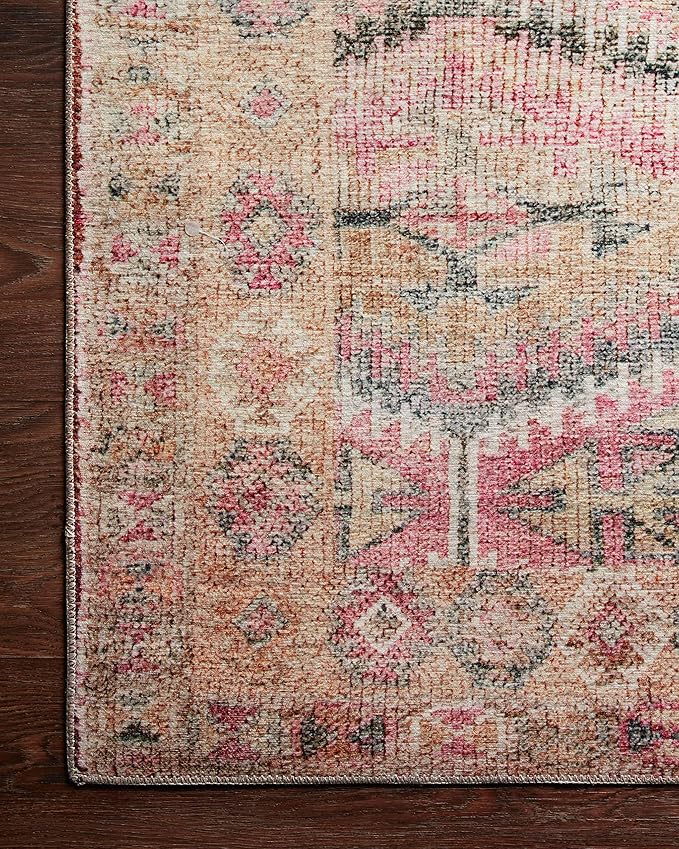 Loloi Layla Collection LAY-17 Pink/Lagoon 2'-6" x 7'-6" .13" Thick Runner Rug, Soft, Durable, Vintage Inspired, Distressed, Low Pile, Non-Shedding, Easy Clean, Printed, Living Room Rug