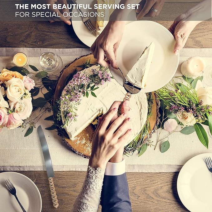 Homi styles wedding cake knife and server set | Elegant Gold Color With Beaded Handles & Premium 420 Stainless Steel Blades | Cake & Pie Serving Set For Wedding Cake,cake cutter Gift