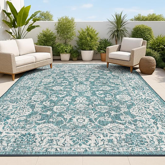 JONATHAN Y Weave Floral Indoor Outdoor Area Rug 8X10 Teal/Gray, Tela Bohemian Textured for Backyard, Patio, Porch, Easy-Cleaning, High Traffic, Pet-Friendly, Non-Shedding (SMB100C-8)