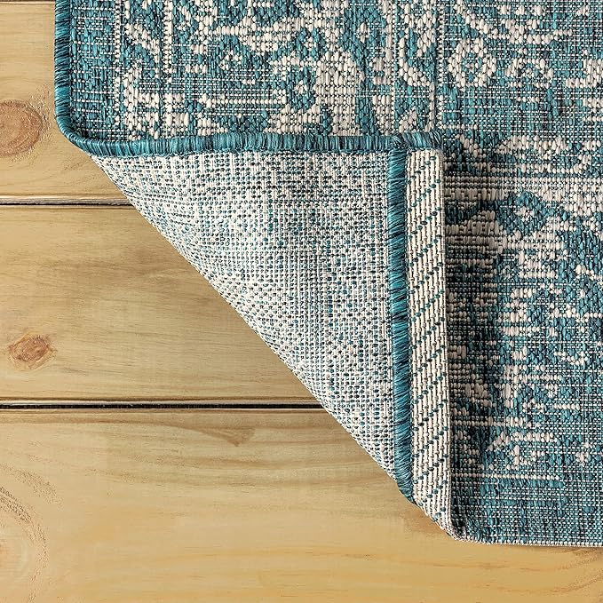 JONATHAN Y Weave Floral Indoor Outdoor Round Area Rug 8 Ft Teal/Gray, Tela Bohemian Textured for Backyard, Patio, Porch, Easy-Cleaning, High Traffic, Pet-Friendly, Non-Shedding (SMB100C-8R)