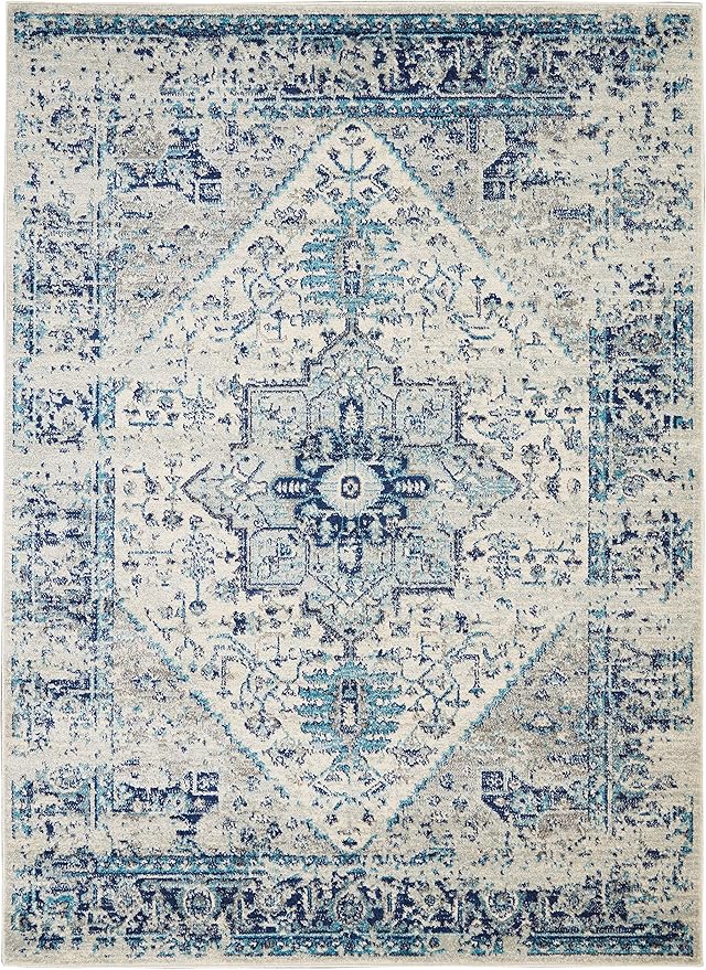 Nourison Home Tranquil Ivory/Light Blue 5'3" x 7'3" Area Rug - Easy Clean, Non Shedding, Bed Room, Living Room, Dining Room, Kitchen (5' x 7')