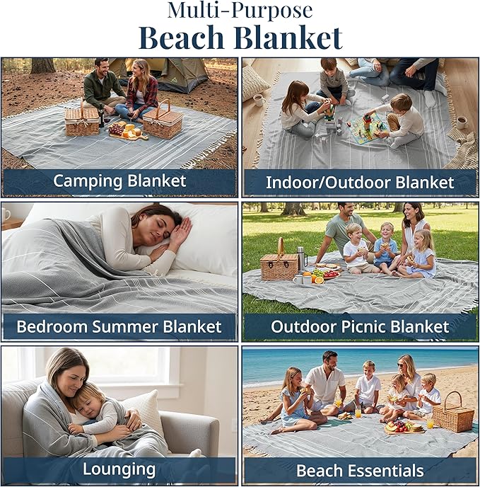 LANE LINEN Oversized Beach Towel - Large Outdoor Blanket with Soft Pre-Washed Finish – 82"x82", Ideal for Coastal Getaways, Backyard Lounging, Beach Party or Seaside Adventures – Grey