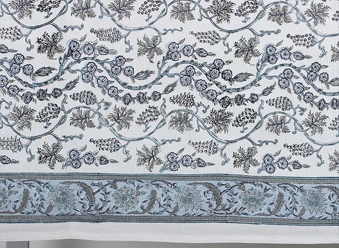 Ridhi Baby Blue Eyes Hand Block Print Cotton Rectangle Tablecloth 108" x 70" inches Reusable Table Cover Decorative Everyday Use for Dining, Farmhouse, Home, Party, Festive, Wedding, Fall