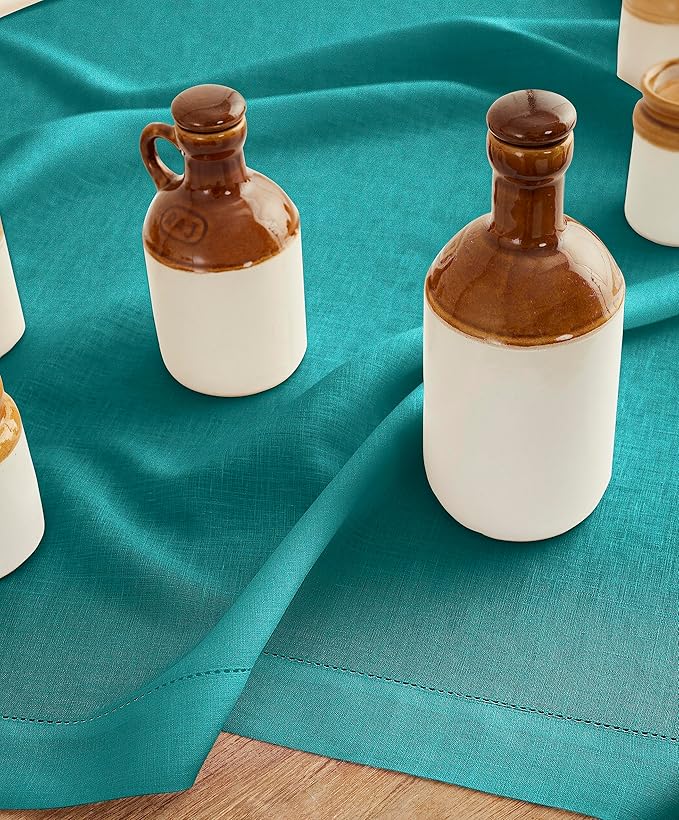 Solino Home Linen Square Tablecloth 52 x 52 Inch - 100% Pure Linen Teal Table Throw - Classic Hemstitch, Machine Washable Table Cloth for New Year