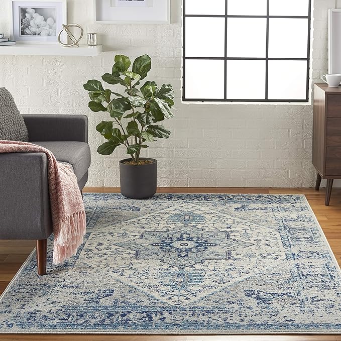 Nourison Home Tranquil Ivory/Light Blue 5'3" x 7'3" Area Rug - Easy Clean, Non Shedding, Bed Room, Living Room, Dining Room, Kitchen (5' x 7')