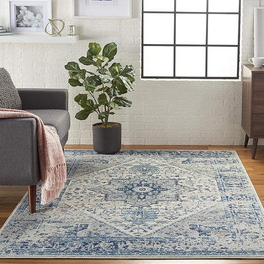 Nourison Home Tranquil Ivory/Light Blue 6' x 9' Area Rug - Easy Clean, Non Shedding, Bed Room, Living Room, Dining Room, Kitchen (6' x 9')