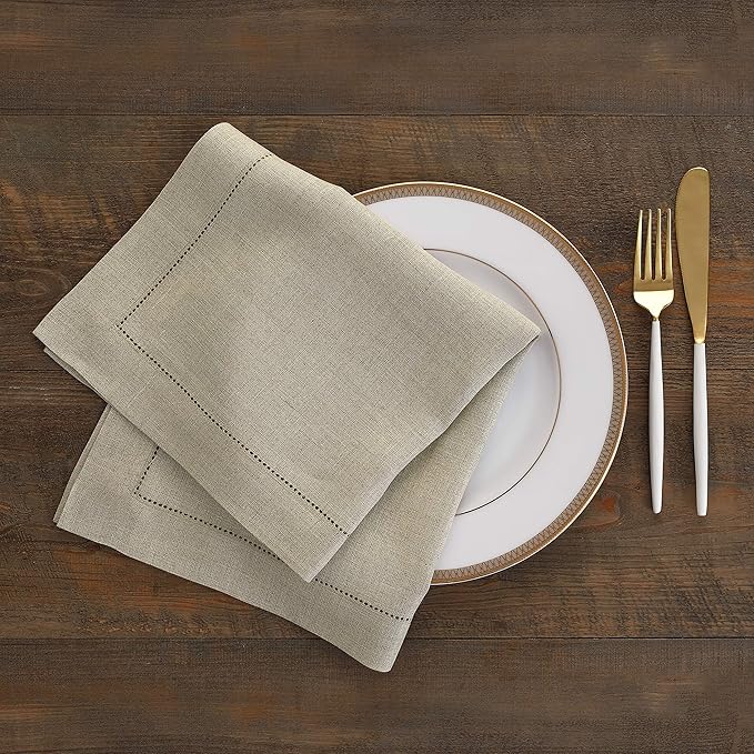 Solino Home Natural Linen Napkins Set of 4-100% Pure Linen Hemstitch Dinner Napkins 20 x 20 Inch for Holiday, New Year - Classic Hemstitch