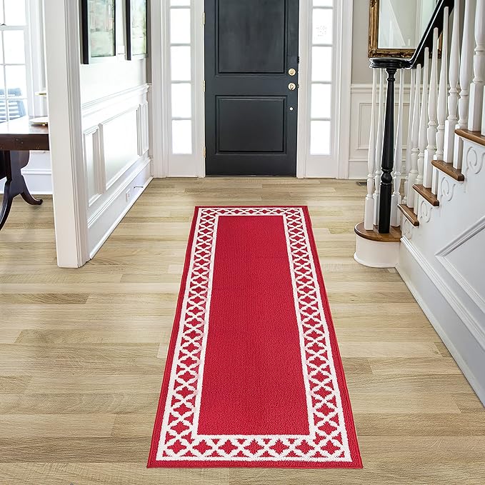 Nautica – Runner Rug | Indoor Runners for Hallways and Entry Rugs| Non-Slip and Non-Skid Entry and Kitchen Door Mat| Machine Washable Entryway Carpet Rugs | 26” x 72” | Trellis Red