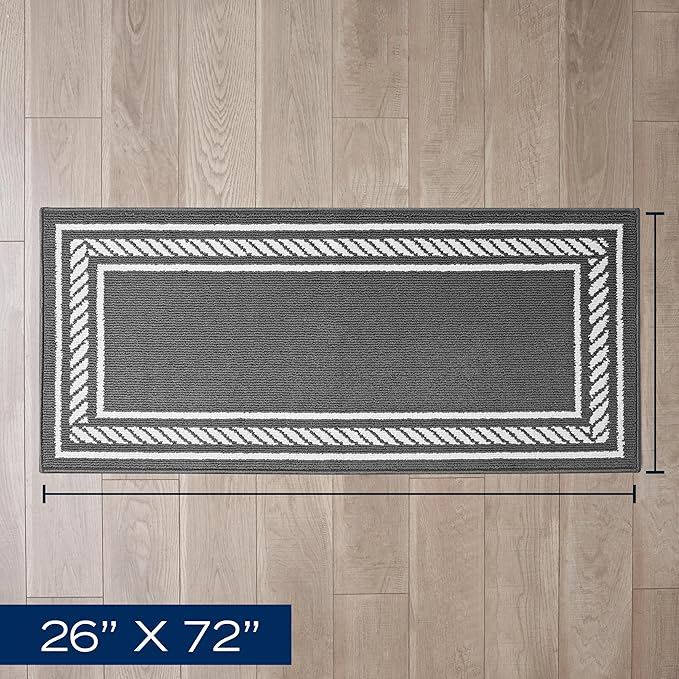 Nautica – Runner Rug | Indoor Runners for Hallways and Entry Rugs| Non-Slip and Non-Skid Entry and Kitchen Door Mat| Machine Washable Entryway Carpet Rugs |2'2" x 6'| Rope Border Dark Grey