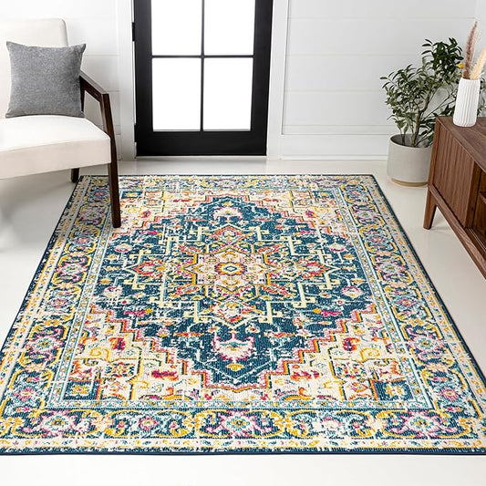 JONATHAN Y Brooklyn Geometric Medallion Blue/Beige Indoor Area Rug, 4x6, Vintage, Bohemian, Easy-Cleaning for Living Room, Bedroom, Kitchen, Pet Friendly, Non-Shedding (MDP207A-4)