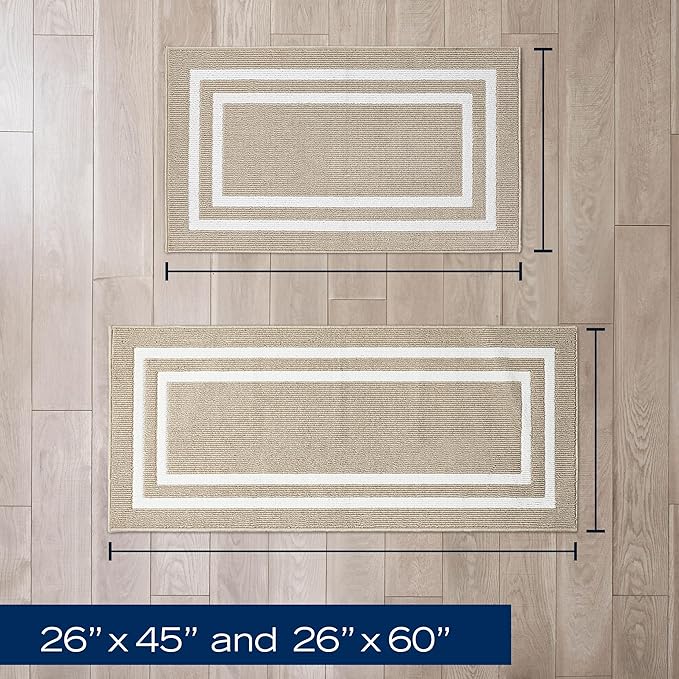 Nautica – Runner Rug 2 Piece Set | Indoor Runners for Hallways and Entry Rugs| Non-Skid Entry and Kitchen Door Mat| Machine Washable Carpet Rugs | 2'2" x 3'9" and 2'2" x 5' | Double Border Beige