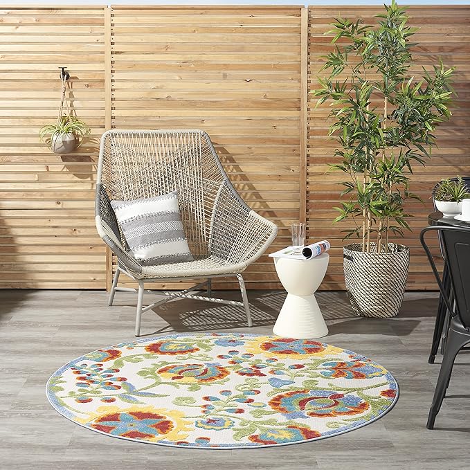 Nourison Aloha Indoor/Outdoor Ivory/Multi 4' x Round Area -rug, Easy -cleaning, Non Shedding, Bed Room, Living Room, Dining Room, Backyard, Deck, Patio (4 Round)