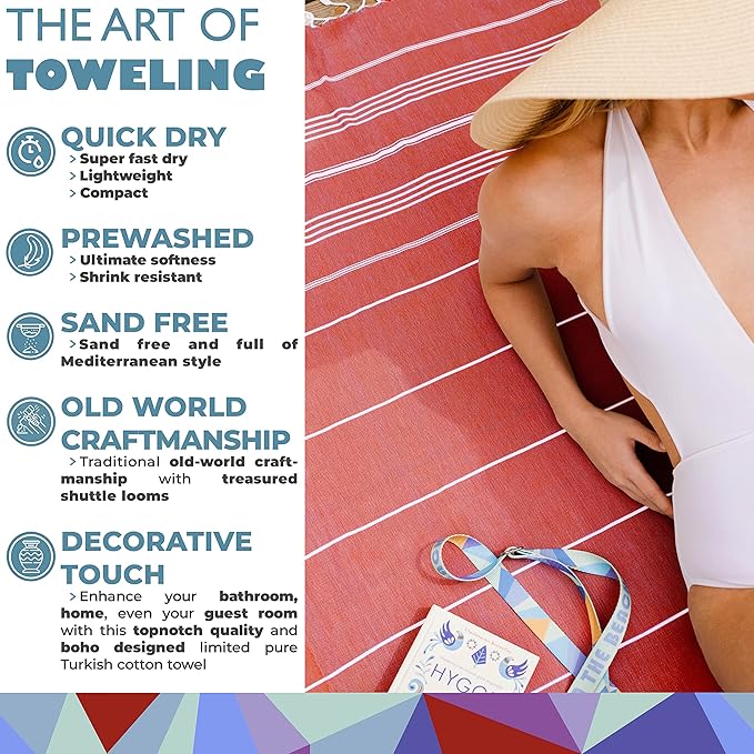 Madamelique Turkish Beach Towel with Beach Bag - 39 x 74 - Prewashed Beach Towels Oversized -%100Cotton - Quick Dry - Sand Free - Hand Loomed Turkish Bath Towels - Unique Absorbent Towel (Red)