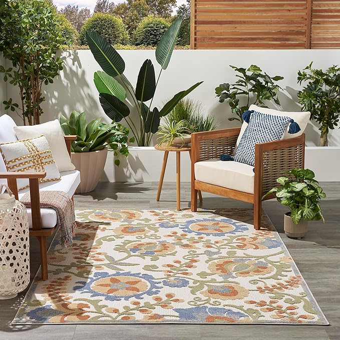 Nourison Home Aloha Ivory Blue 5'3" x 7'5" Area Rug - Easy Clean, Non Shedding, Bed Room, Living Room, Dining Room, Kitchen (5' x 8')