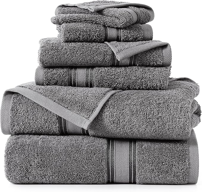 LANE LINEN Luxury Bath Towels Set - 6 Piece, 100% Cotton, Quick Dry, Soft & Absorbent, Zero Twist - 2 Bath Towels, 2 Hand Towels, 2 Washcloths - Cool Grey
