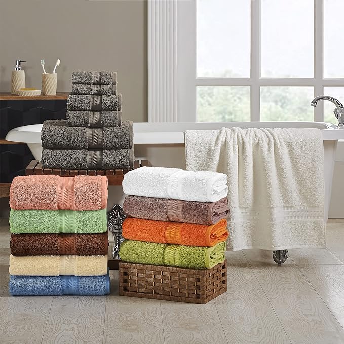 Superior Long Staple 100% Combed Cotton 700GSM 8-Piece Solid Towel Set for Bathroom, Shower, Kitchen-Super Soft, Assorted 8-Piece Towels, 4 Face/Washcloths, 2 Hand Towels, 2 Bath Towels, Almond