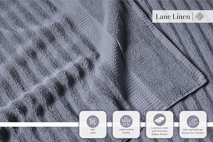 LANE LINEN Towels for Bathroom - 100% Cotton Bath Towel Set of 6 - Includes 2 Bath, 2 Bathroom Hand Towels, 2 Wash Cloths for Your Face - Zero Twist, Ribbed, Quick Dry Towel for Daily Use - Cool Grey