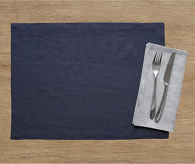 Solino Home Linen Navy Blue Placemats Set of 6-100% Pure Linen Placemats 14 x 19 Inch for Holiday, Winter, New Year - Fete