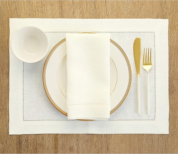 Solino Home Ivory Linen Napkins Set of 6-100% Pure Linen Hemstitch Dinner Napkins 20 x 20 Inch for Holiday, New Year - Classic Hemstitch