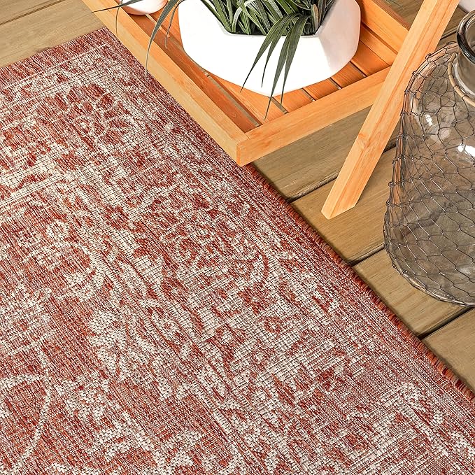 JONATHAN Y Weave Floral Indoor Outdoor Round Area Rug 8 Ft Red/Taupe, Tela Bohemian Textured for Backyard, Patio, Porch, Easy-Cleaning, High Traffic, Pet-Friendly, Non-Shedding (SMB100A-8R)